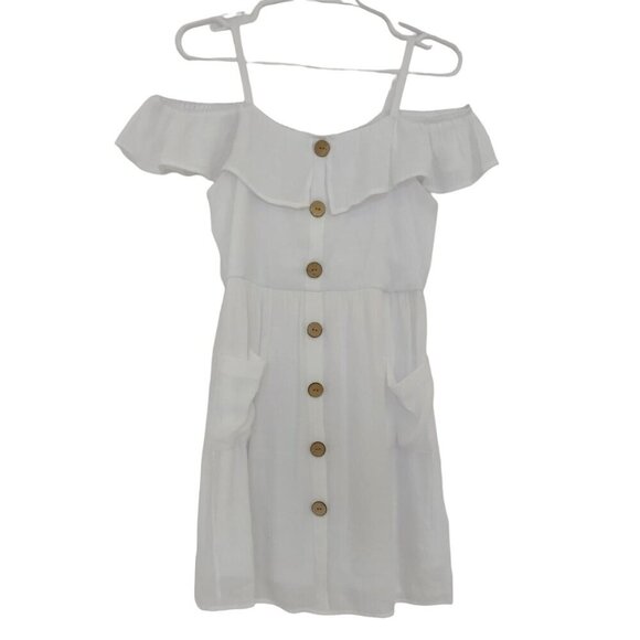 Vintage, Beautees, White Off-Shoulder Dress With Wooden Buttons & Pockets. - Picture 1 of 7